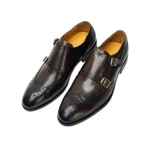 25025-Coffee Formal Genuine Cow leather Double Straps Alligators with TPR Welted Sole Monk Strap For Men