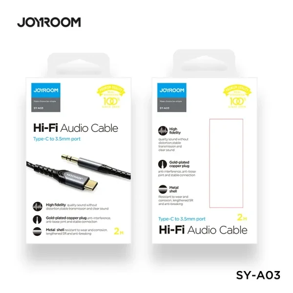 Joyroom SY-A03 Type-C to3.5mm port audio cable 2M – Black Color