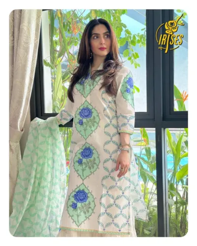 Women's Cotton Three Piece with Lace Gharara, 45 Inch Kameez