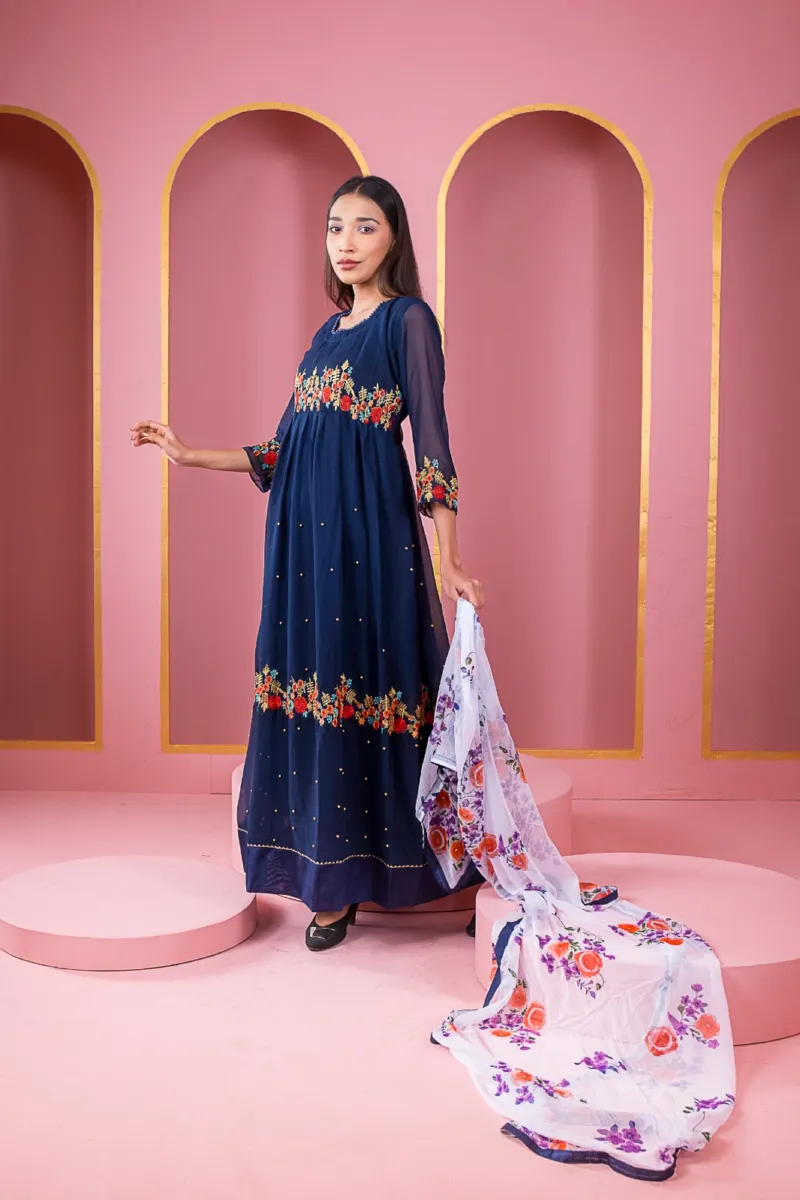 Georgette Embroidered Party Gown Set, Free Size to 48 Inch, 6 Colours