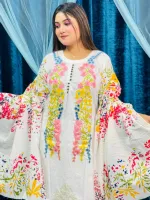 Women's Cotton Watermark Print Three Piece with Embroidery
