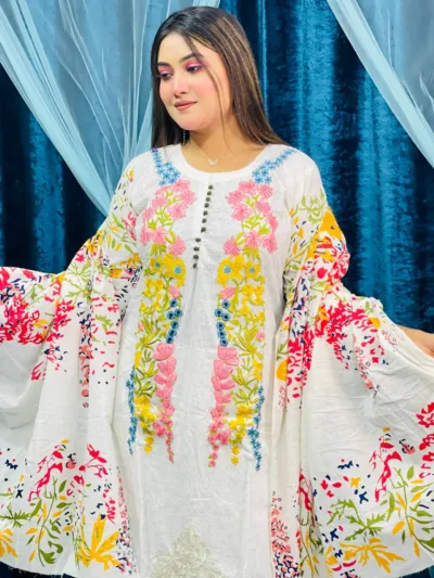 Women's Cotton Watermark Print Three Piece with Embroidery