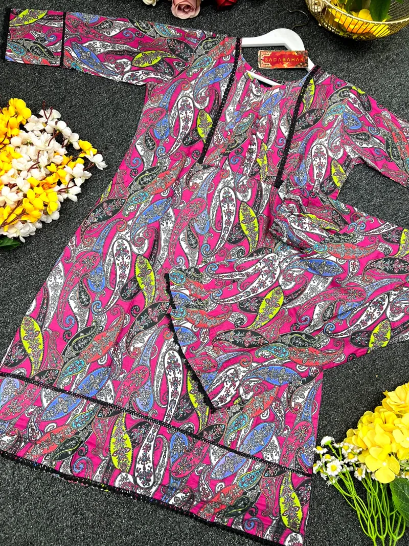 Cotton Digital Print Two Piece with Lace Work, 6 Colours