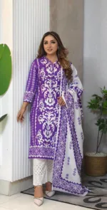 AC Cotton Screen Print Three Piece with Butter Silk Salwar