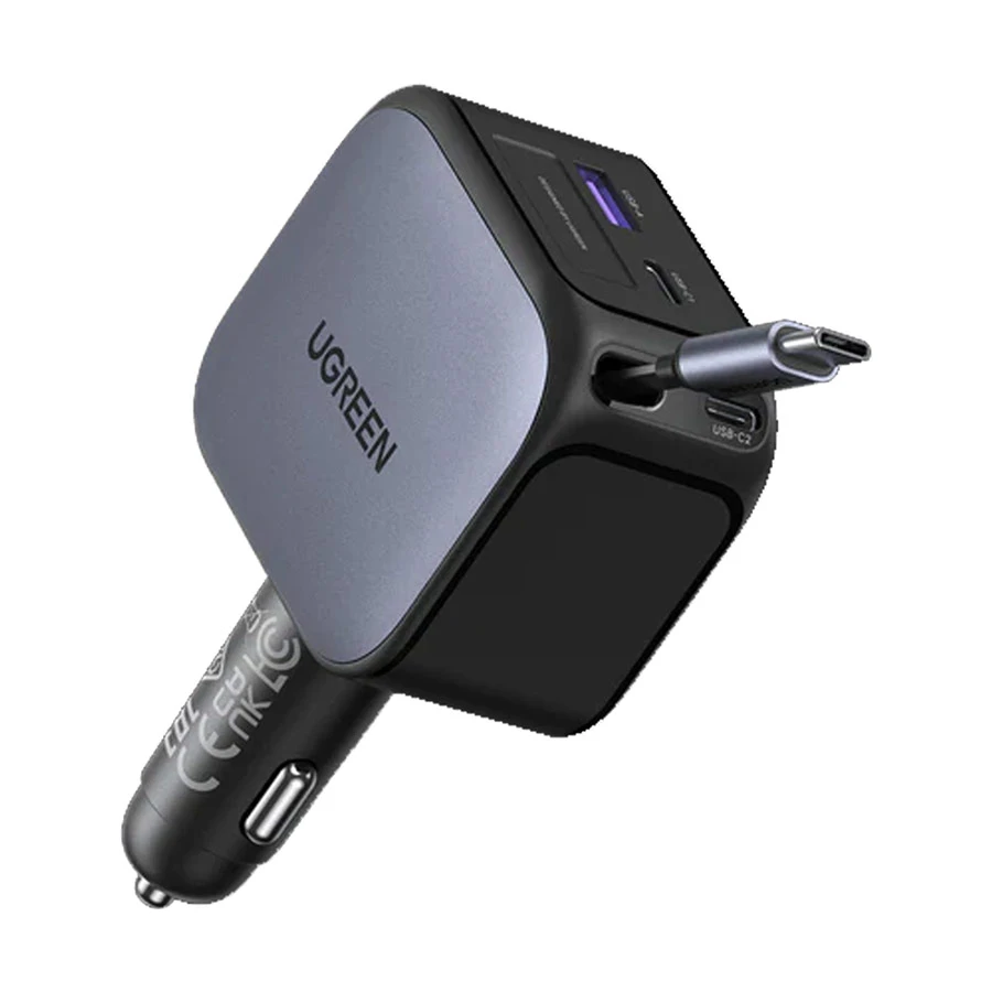 UGREEN EC604 145W USB-A & Dual USB-C Car Charger, Retractable Cable