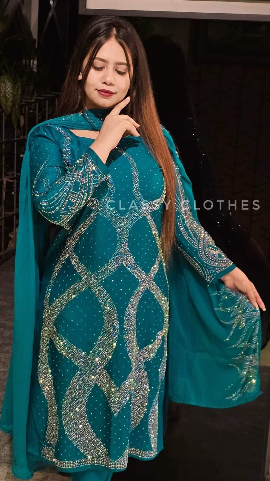 Stone Work Three Piece with Butter Silk Salwar, 2 Colours