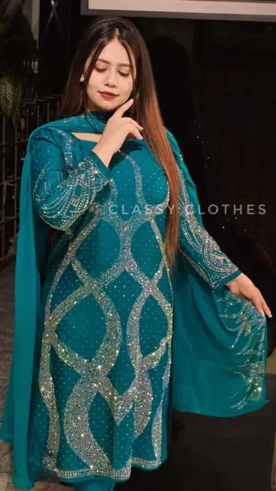 Stone Work Three Piece with Butter Silk Salwar, 2 Colours