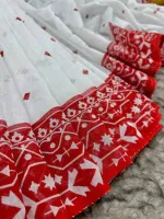 Half Silk Jamdani Print Saree for Puja, 6 Colours