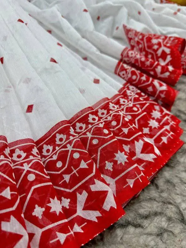 Half Silk Jamdani Print Saree for Puja, 6 Colours