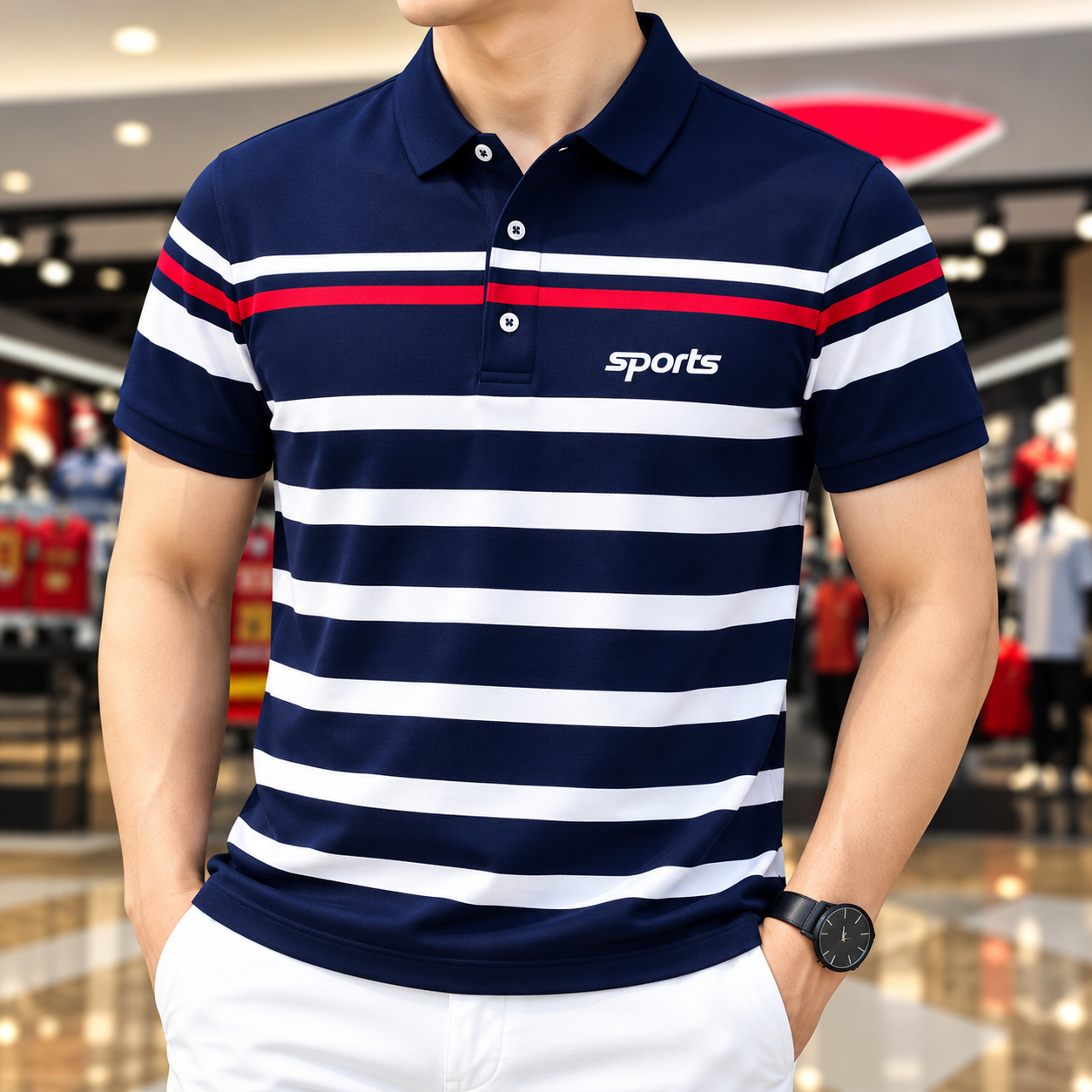 Premium Stylish Striped Sports Polo T-Shirt (Men's Solid Navy Blue & Striped Pol
