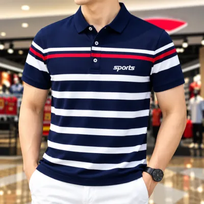 Premium Striped Sports Polo T-Shirt for Men - Solid Navy Blue