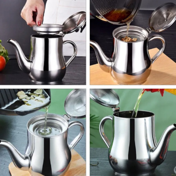 Filter Cooking Oil Pot Kitchen Large Capacity 410ml Stainless Steel Oil Strainer Pot Container Jug Storage Can