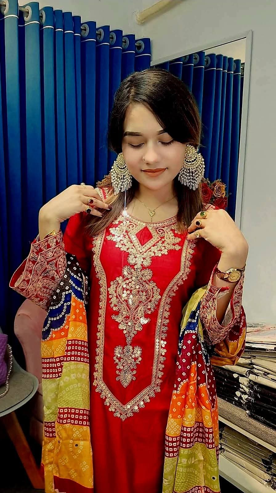 Women's Embroidered Three Piece with Butter Silk Salwar