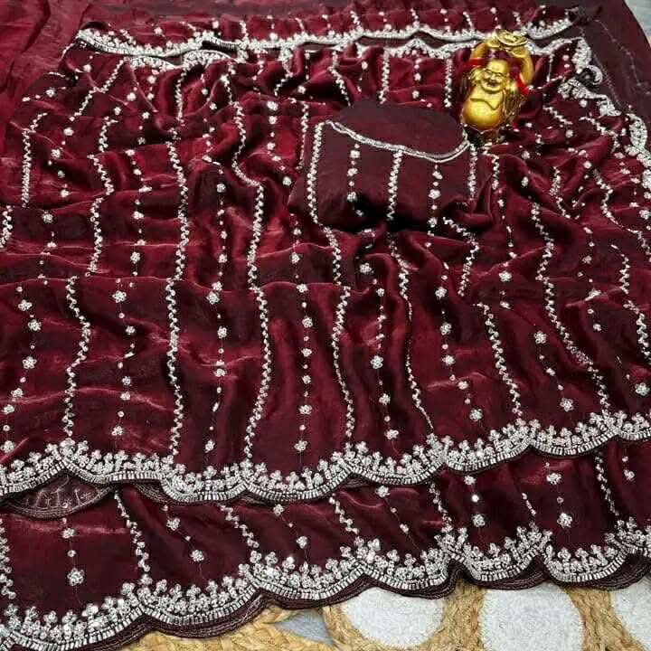 Glossy Fabric Embroidered Saree with Sequin Work and Blouse Piece