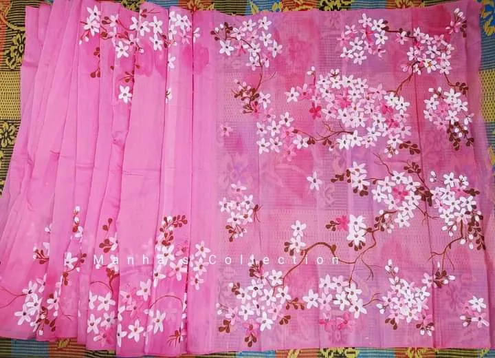 Hand Print Brush Work Saree in Half Silk, 12 Haath Long