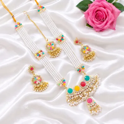 Premium Multicolor Meenakari & Pearl Long Rani Haar Jewelry Set – 3-Piece with Earrings & Maang Tikka