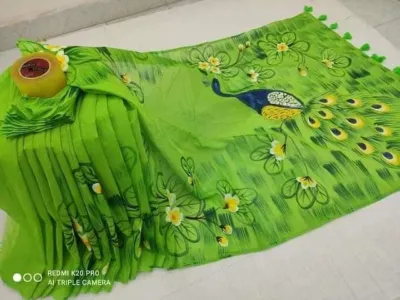 Half Silk Saree in Hand Print Design, 6 Shades