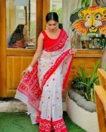 Half Silk Block Print Saree with Jamdani Design, 4 Colours