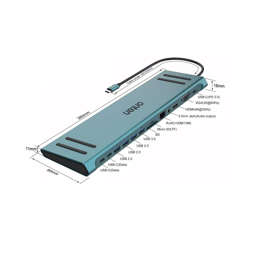 Onten OTN-9199A USB-C Multiport Hub with HDMI, VGA, LAN and PD, Teal