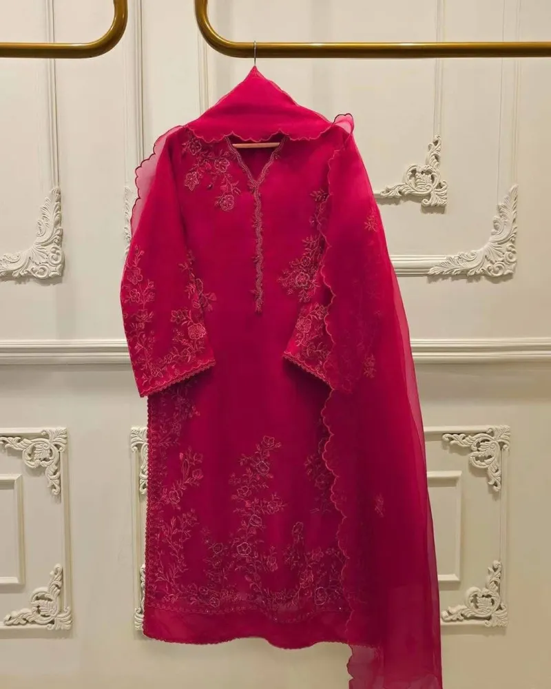 Women's Embroidered Fine Cotton Dress Set with Pant, Sizes 36 to 46