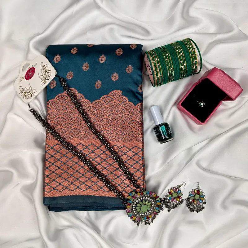 Premium Silk Katan Saree Combo Pack – Ocean Green