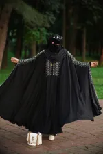 Arabia Stone Work Abaya with Hijab, Cherry Fabric