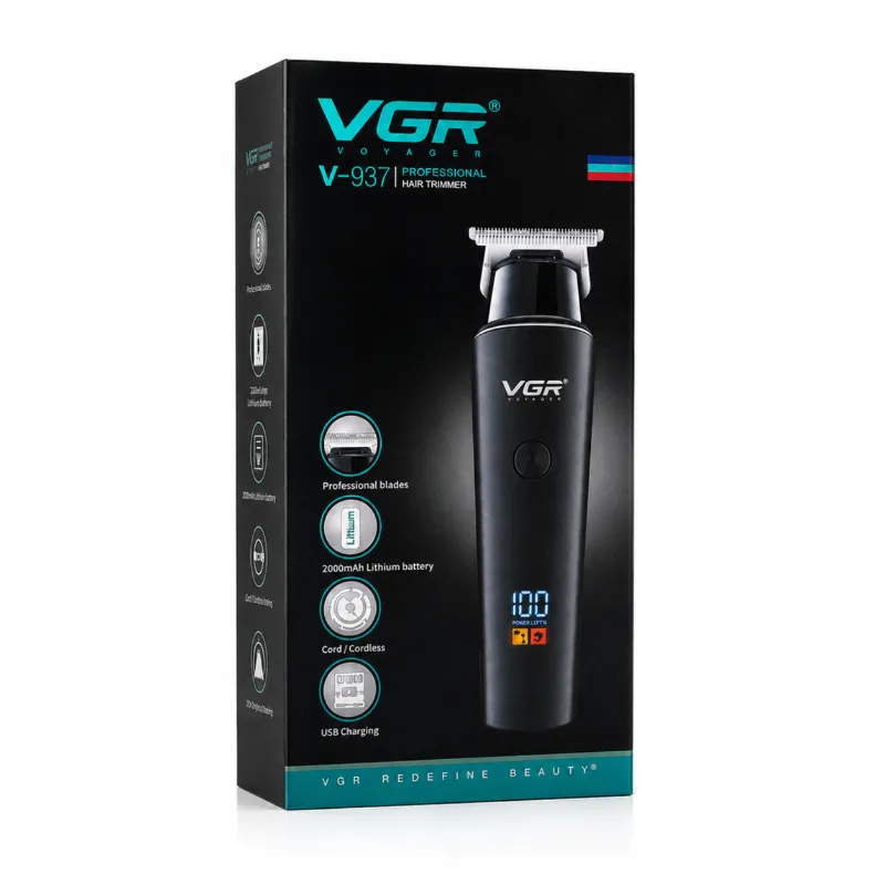 VGR V-937 Professional Cordless Hair & Beard Trimmer for Men – LCD Display, 500 Min Runtime, 2000mAh Battery, Zero Gap Stainless Steel Blade (Black)