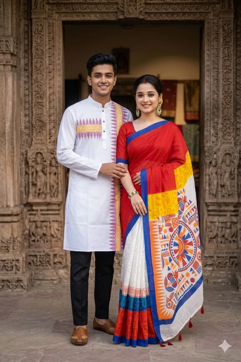 Matching Saree Panjabi Couple Set with Screen and Digital Print