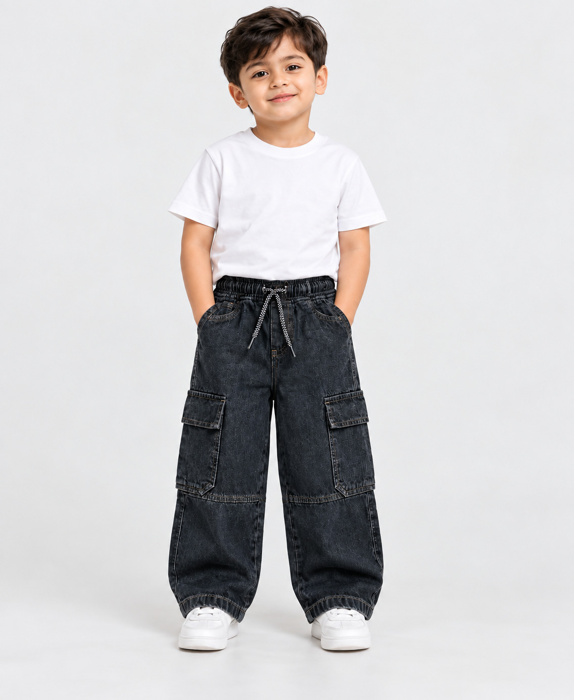 Boys' Six Pocket Denim Baggy Pant with Elastic Waist, 2 to 12 Years