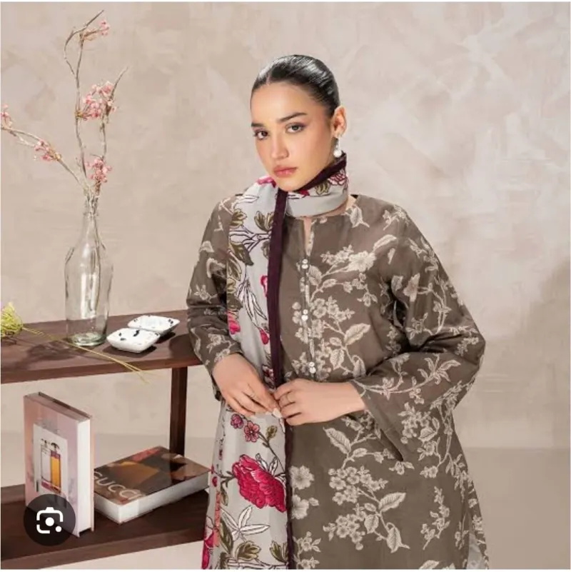 Digital Print Cotton Silk Three Piece, 6 Colours, Sizes 36 to 46