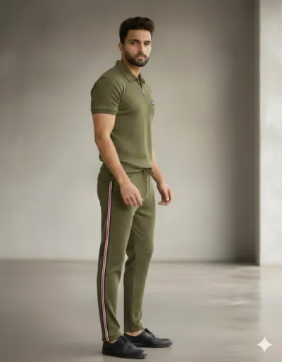 Men's Waffle Fabric T-Shirt and Trouser Set, 220 GSM, Sizes L and XL