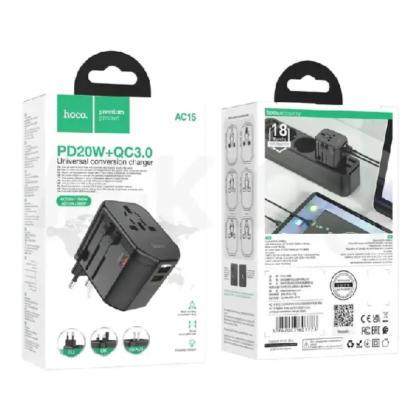 HOCO AC15 Walker 3-port PD20W + 2USB Universal Conversion Charger – Black Colorger