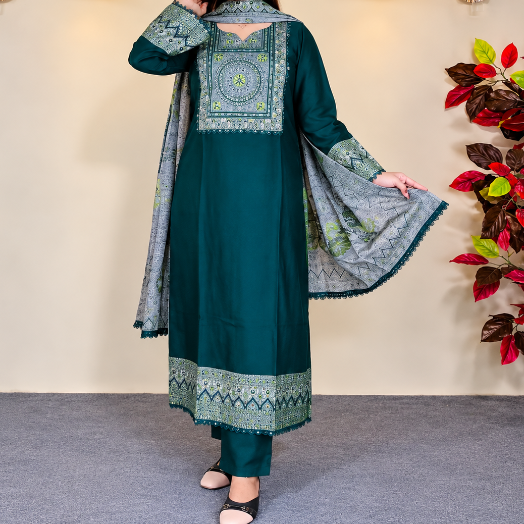 Elegant Mustard Yellow & Slate Blue Printed Cotton Three-Piece Set