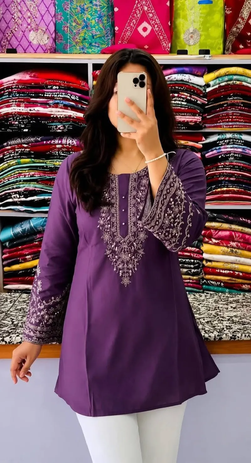 Women's Linen Short Kurti with Neck and Sleeve Embroidery