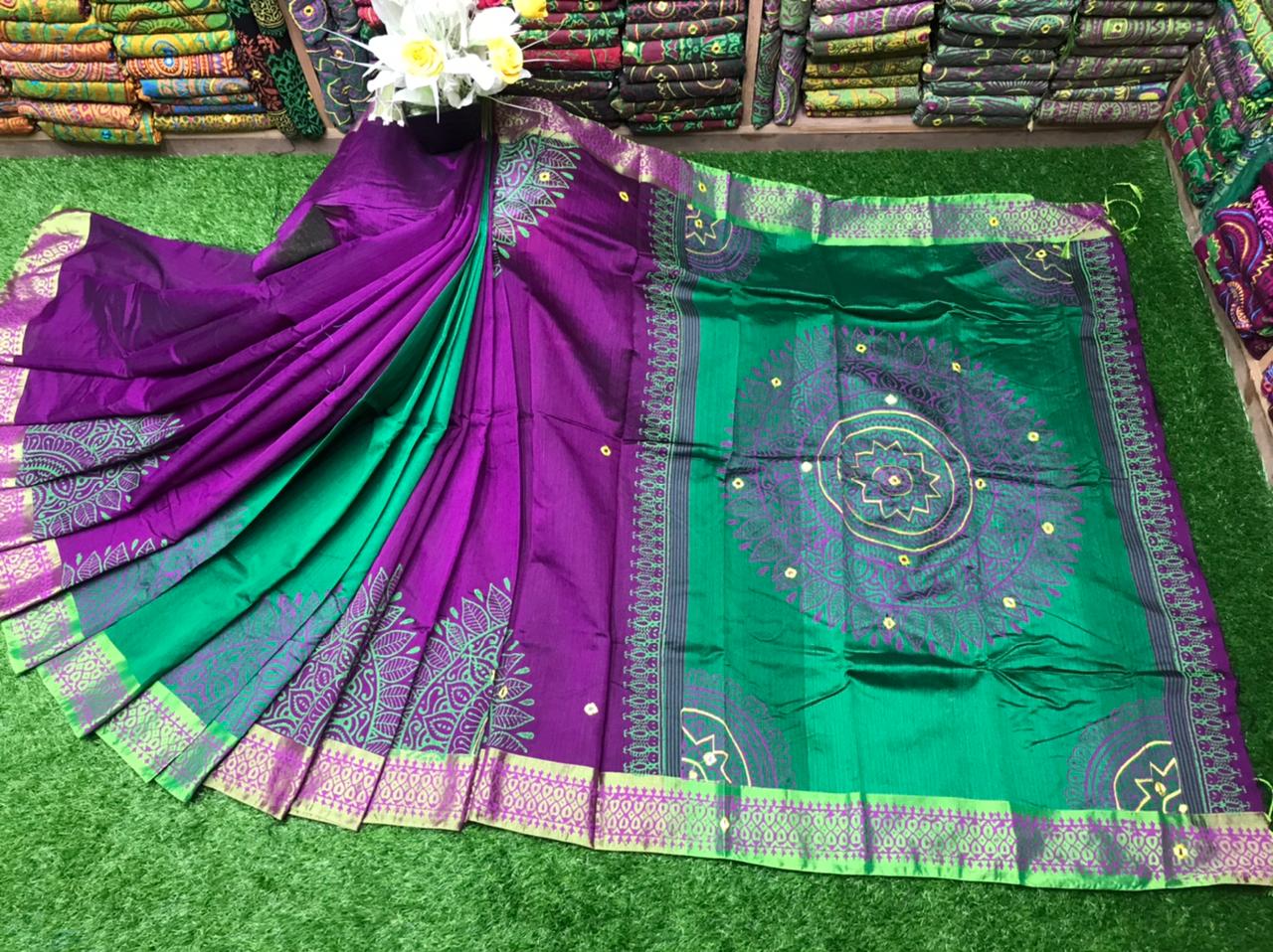 Embroidered Dhupian Silk Saree with Block Print, 6 Colours