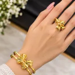 3D Bow Bracelet & Ring Set – Glossy Golden Finish