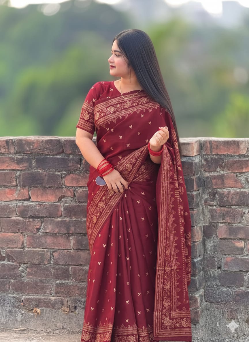 Women's Silk Saree in Screen Print with Matching Blouse
