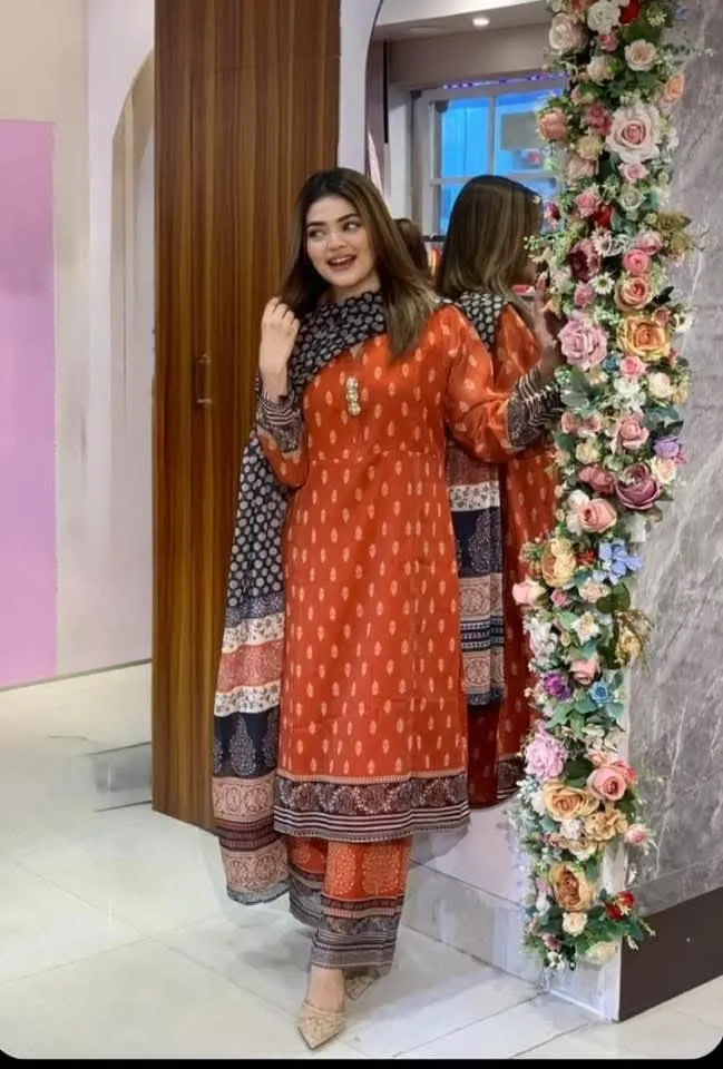 Digital Print Three Piece with Georgette Orna, L to XXL, 3 Colours