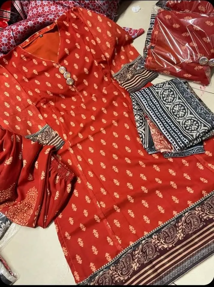 Digital Print Three Piece with Georgette Orna, L to XXL, 3 Colours