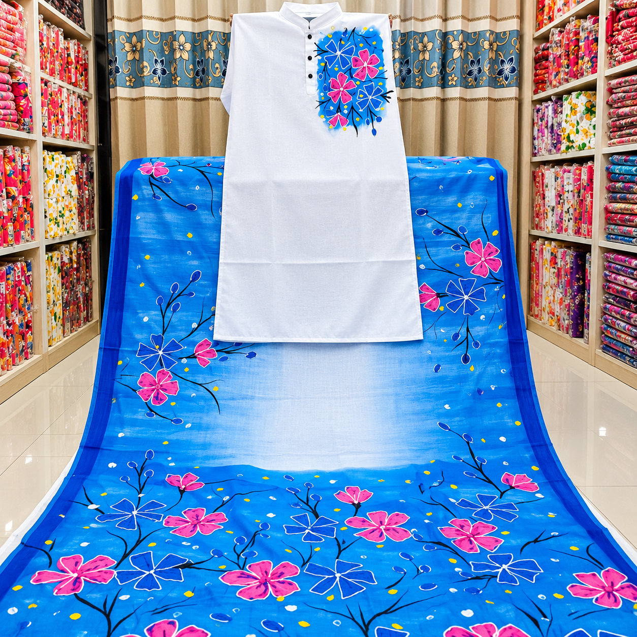 Hand-Painted Couple Set – Half Silk Saree & Dupion Silk Panjabi