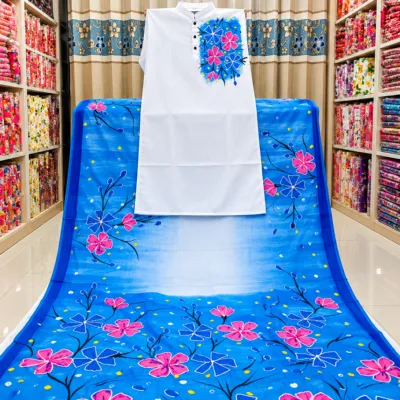 Hand-Painted Couple Set – Half Silk Saree & Dupion Silk Panjabi