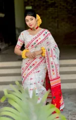 Half Silk Jamdani Block Print Puja Saree with Blouse Piece