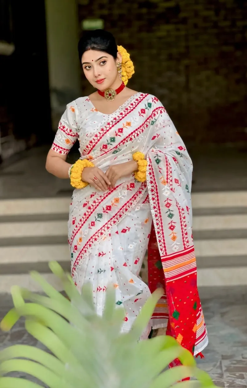 Half Silk Jamdani Block Print Puja Saree with Blouse Piece