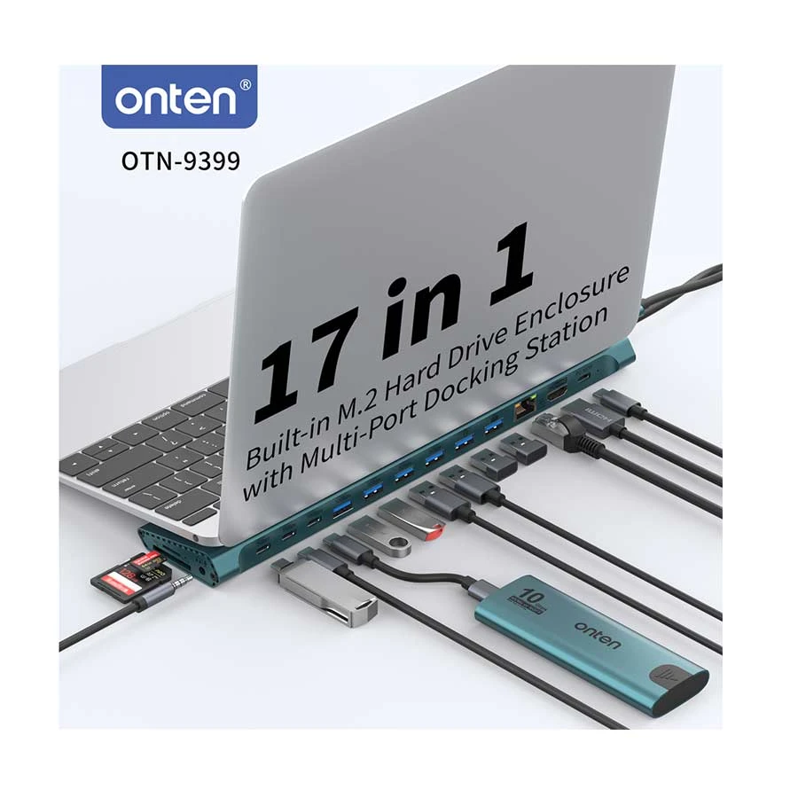Onten OTN-9399 USB-C Hub with M.2 SSD Enclosure, Crystal Teal