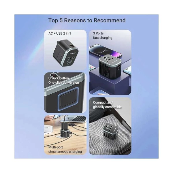 Vention FJCB0 3-Port USB 20W Black Universal Travel Charger