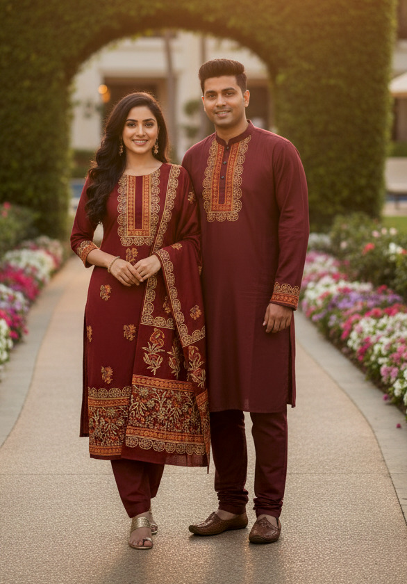 Couple Full Sleeve Three Piece and Hand Print Silk Panjabi