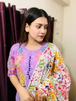 Embroidered Voile Three Piece with Screen Print Cotton Orna