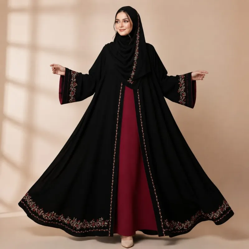 Embroidery Koti Borka with Attached Inner and Long Hijab