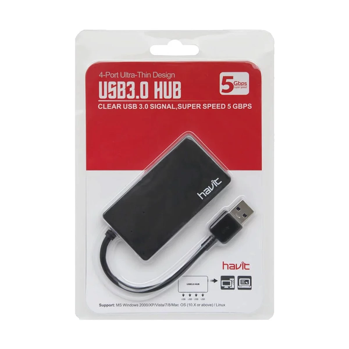 Havit H103 4 Port USB Hub, USB Male to Quad USB Female, Black