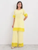 Women's Cotton Long T-Shirt and Pant Set with Lace Trim, Free Size